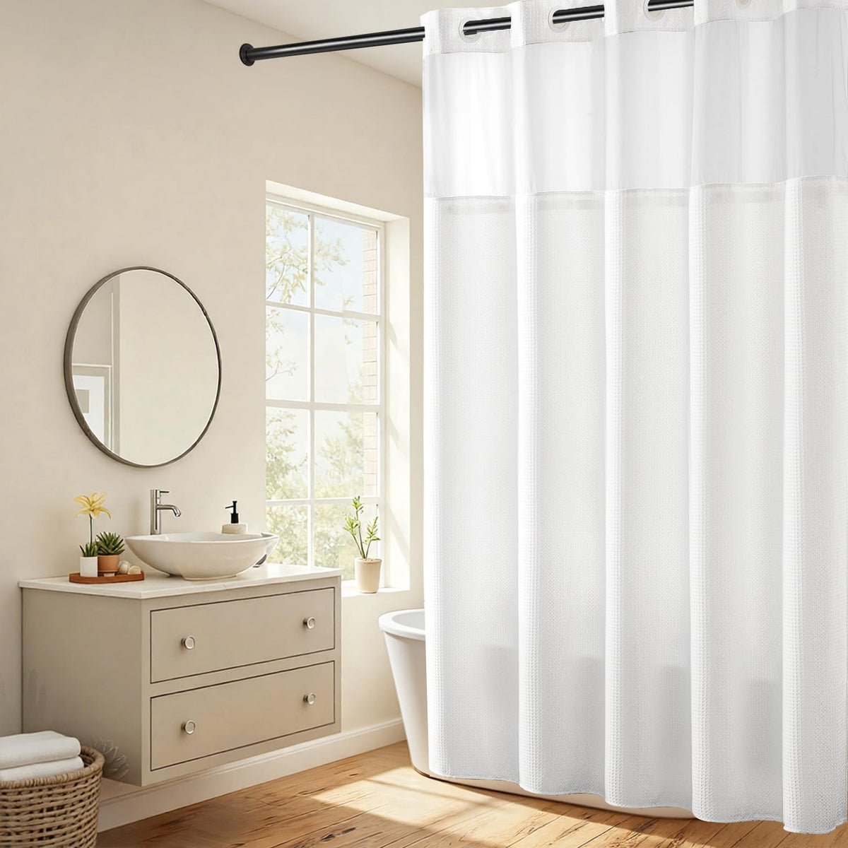 River Dream Heavyweight Waffle No Hook Shower Curtain with Liner,Gray,71x74