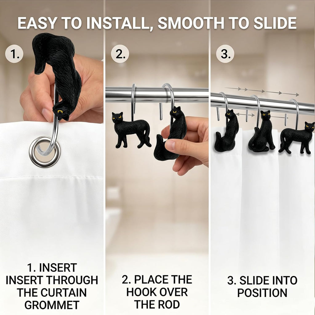 Black Cat Shower Curtain Hooks Set of 12, Decorative Resin Shower Rings