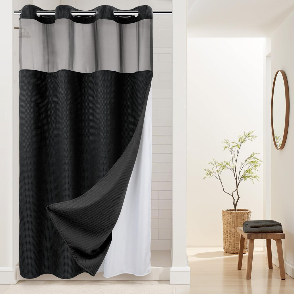 River Dream Heavyweight Waffle No Hook Shower Curtain with Liner,Gray,71x74