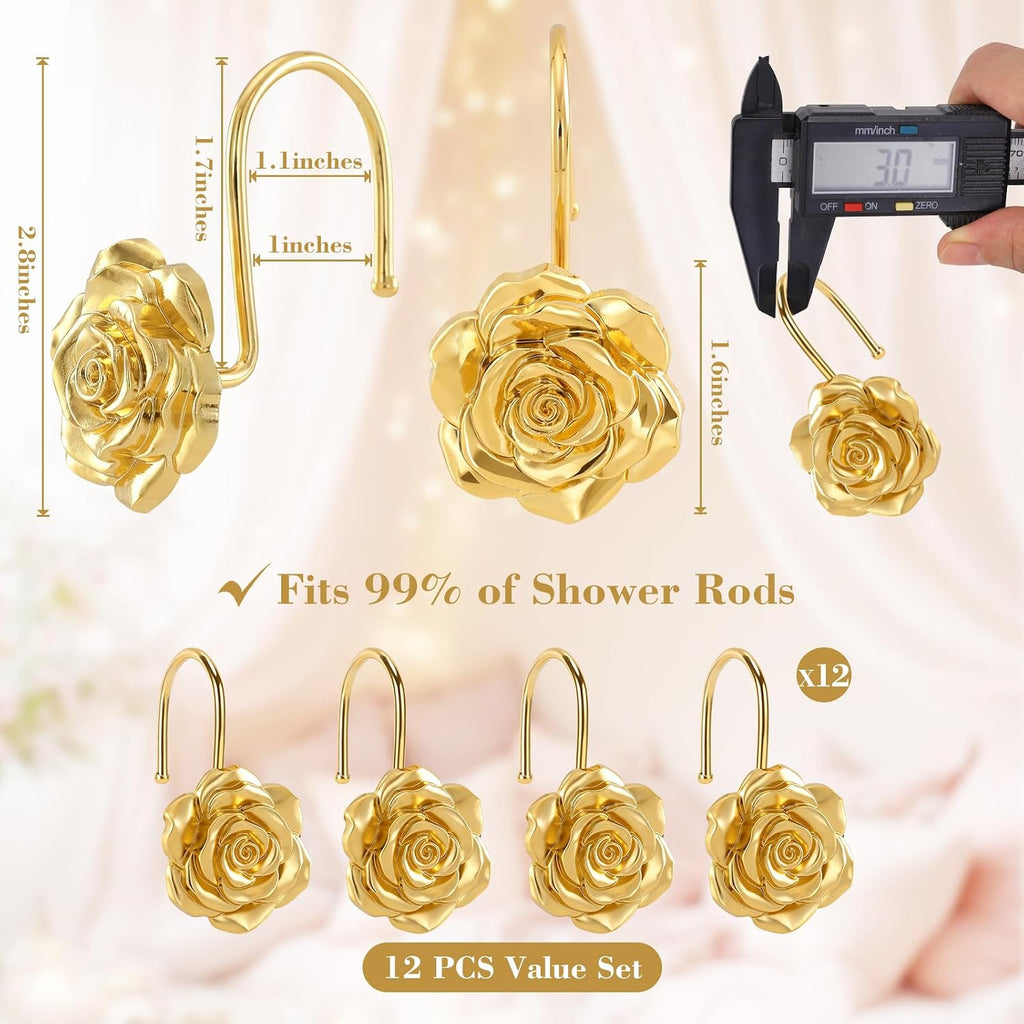 Metal Rose Shower Curtain Hooks, Rust-Resistant Hooks for Shower Curtain Rods, Set of 12, Beautiful Floral Rose Design Bathroom Decoration Hooks (Gold)