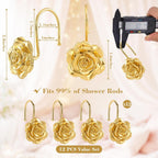 Metal Rose Shower Curtain Hooks, Rust-Resistant Hooks for Shower Curtain Rods, Set of 12, Beautiful Floral Rose Design Bathroom Decoration Hooks (Gold)