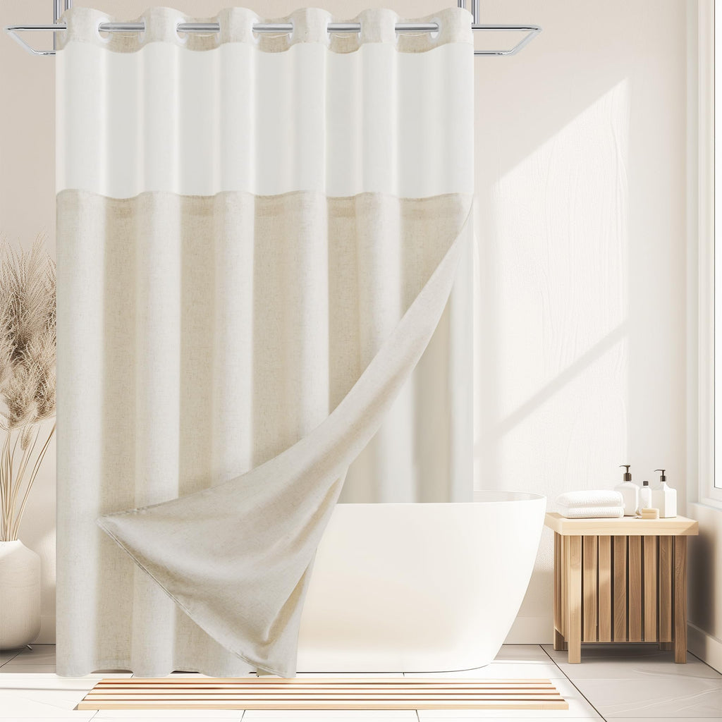 Jowels No Hooks Natural Linen Fabric Shower Curtains for Bathroom 72 Inches