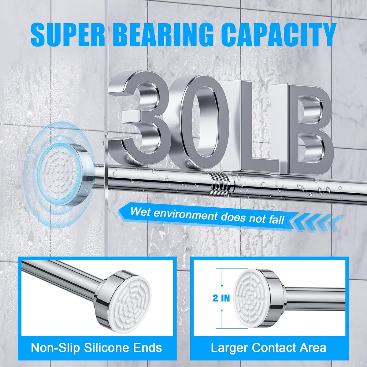 TEECK Shower Curtain Rod, 32-80 inch Adjustable Spring Tension Curtain Rod, Never Rust Anti-Slip Shower Curtain Rod for Bathroom, No Drilling, Never Collapse, Easy to Use, Silver