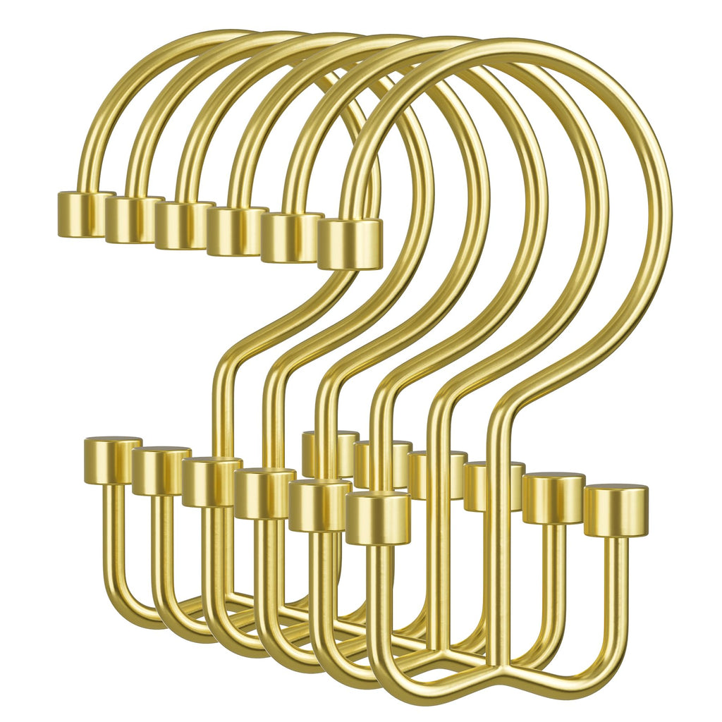 Amazer Gold Shower Curtain Hooks, 12PCS Minimalist Simple Double Shower Curtain Rings, Rust-Resistant Metal Shower Hooks Shower Curtain Hangers, Shower Rings for Bathroom Shower Rods Curtains