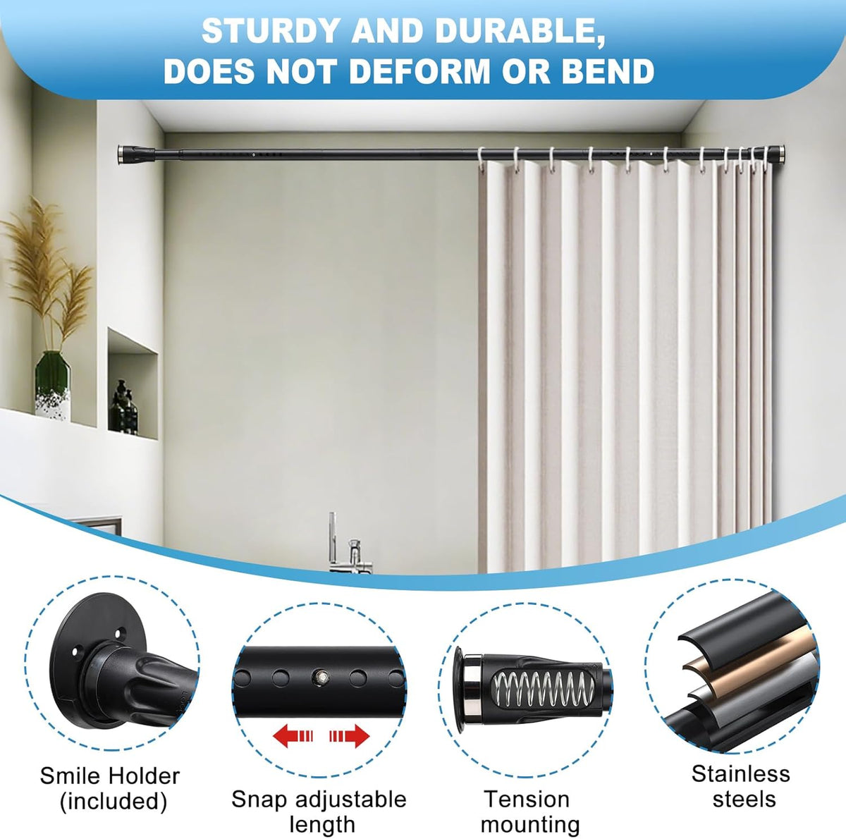 Tension Curtain Rod, 42 to 100 inch Adjustable Heavy Duty black shower curtain rod for bathroom Closet Windows