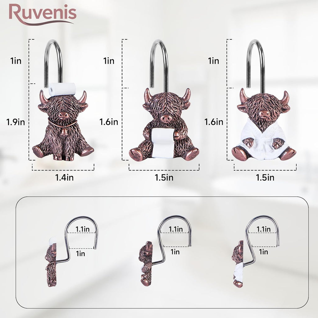 Highland Cow Shower Curtain Hooks Set of 12 for Farmhouse Bath