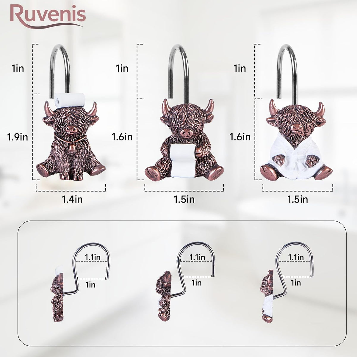Highland Cow Shower Curtain Hooks Set of 12 for Farmhouse Bath
