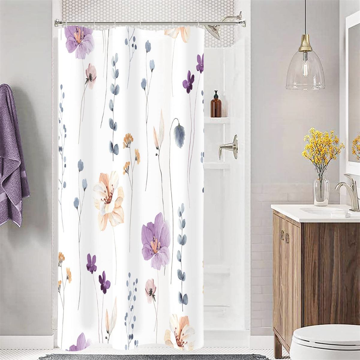 Gibelle Blue Yellow Watercolor Floral Fabric Shower Curtain, 72x72