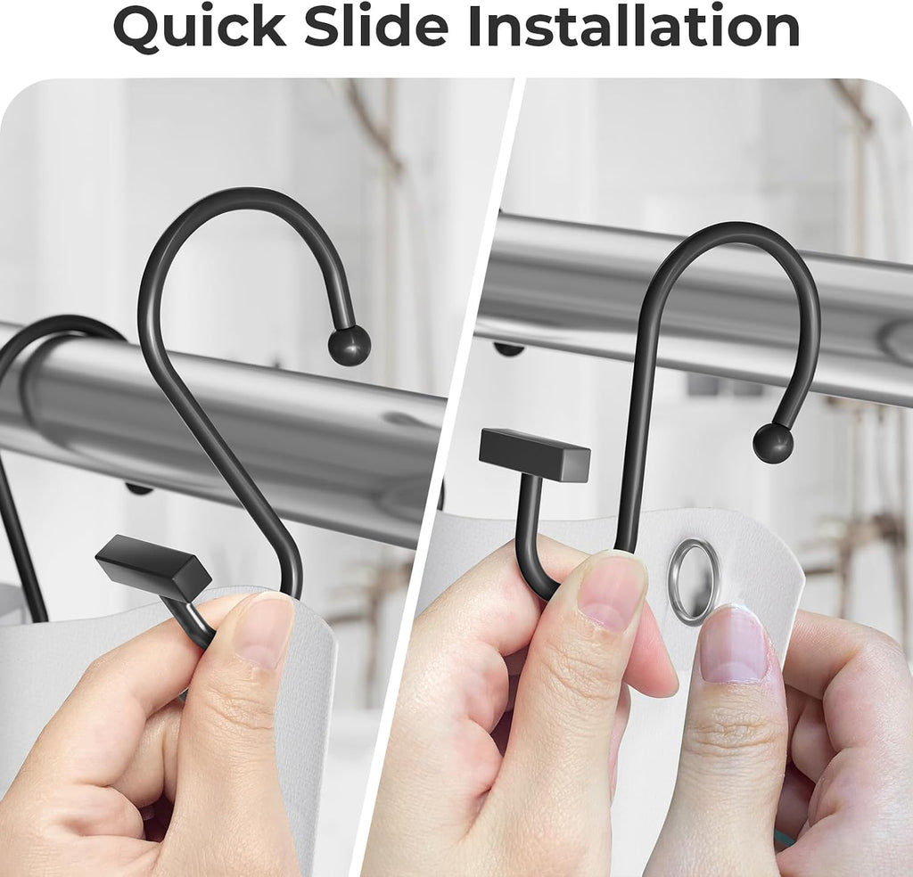 Bathway Shower Curtain Hooks, Black Shower Curtain Rings Rust Proof, 12PCS Shower Hooks for Shower Curtain, T-Bar Design Convenient Elegant Shower Curtain Hangers for Bathroom Kitchen Wardrobe