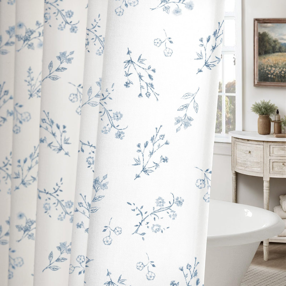 Floral Farmhouse Vintage Linen Shower Curtain French Country Decor 72Wx72H
