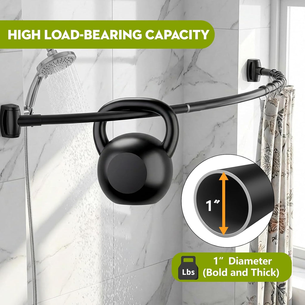 Curved Shower Curtain Rod， Adjustable 33-78 Inches Matte Black All Stainless Steel Curved Shower Rod，Shower Curtain Rod for Extra Shower Space for Bathroom, Bathtub, Stall, No Rust, Need to Drill