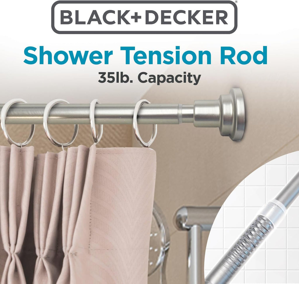BLACK+DECKER Tension Shower Curtain Rod 42-72 Inch – Drill-Free Adjustable Curtain Rod, Rust-Resistant Stainless Steel Tension Curtain Rod for Shower, Bathroom, Window, Closet – 35 lb Capacity
