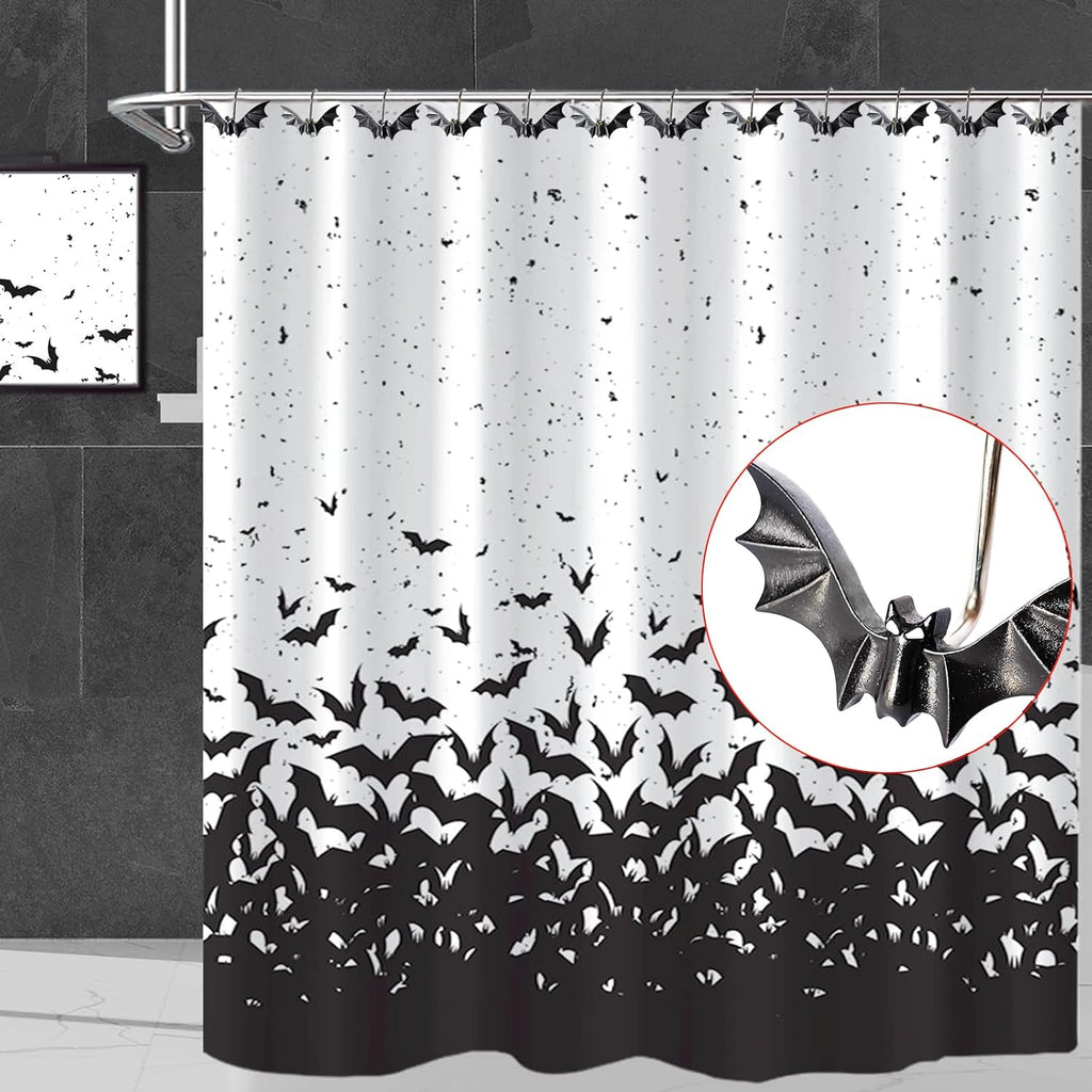 CHICTIE Halloween Shower Curtain Hooks, Cute Bat Decorative Shower Rings for Shower Curtains Rods,Set of 12 Black Shower Hooks Hangers Rust-Resistant Babys Girls Room Bathroom