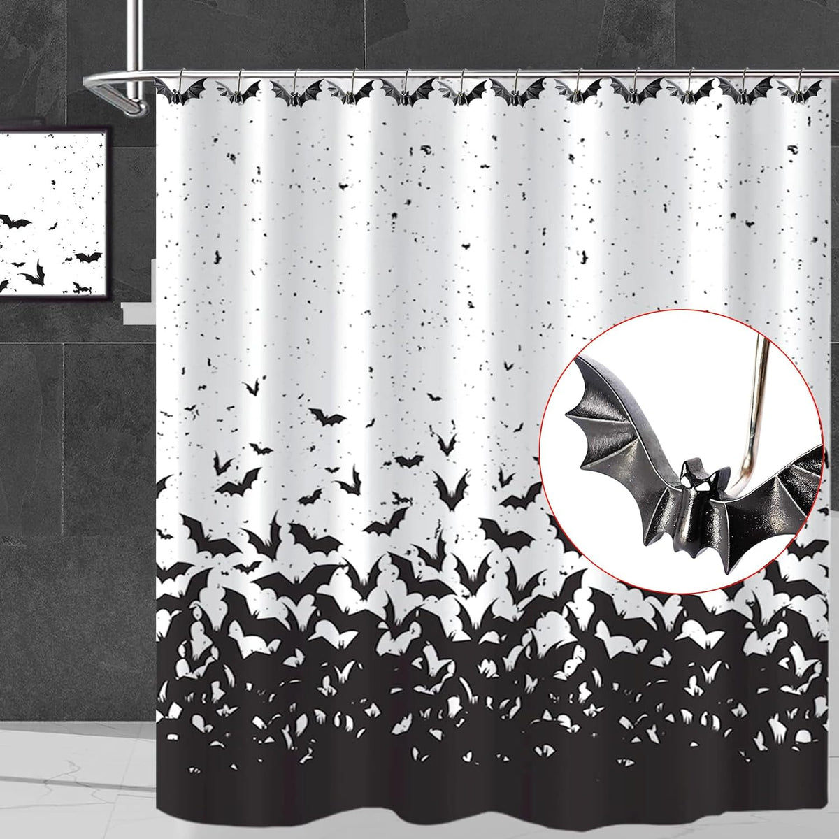 CHICTIE Halloween Shower Curtain Hooks, Cute Bat Decorative Shower Rings for Shower Curtains Rods,Set of 12 Black Shower Hooks Hangers Rust-Resistant Babys Girls Room Bathroom