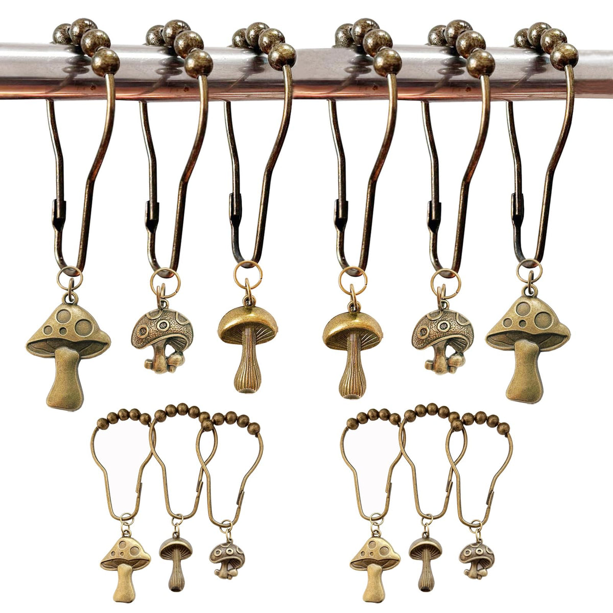 Mushroom Shower Curtain Hooks, 12Pcs Rustproof Metal Cute Retro Mushroom Shower Curtain Hooks Rings for Boho Fairy Forest Country Cottagecore Style Home Bathroom Decor (Bronze)