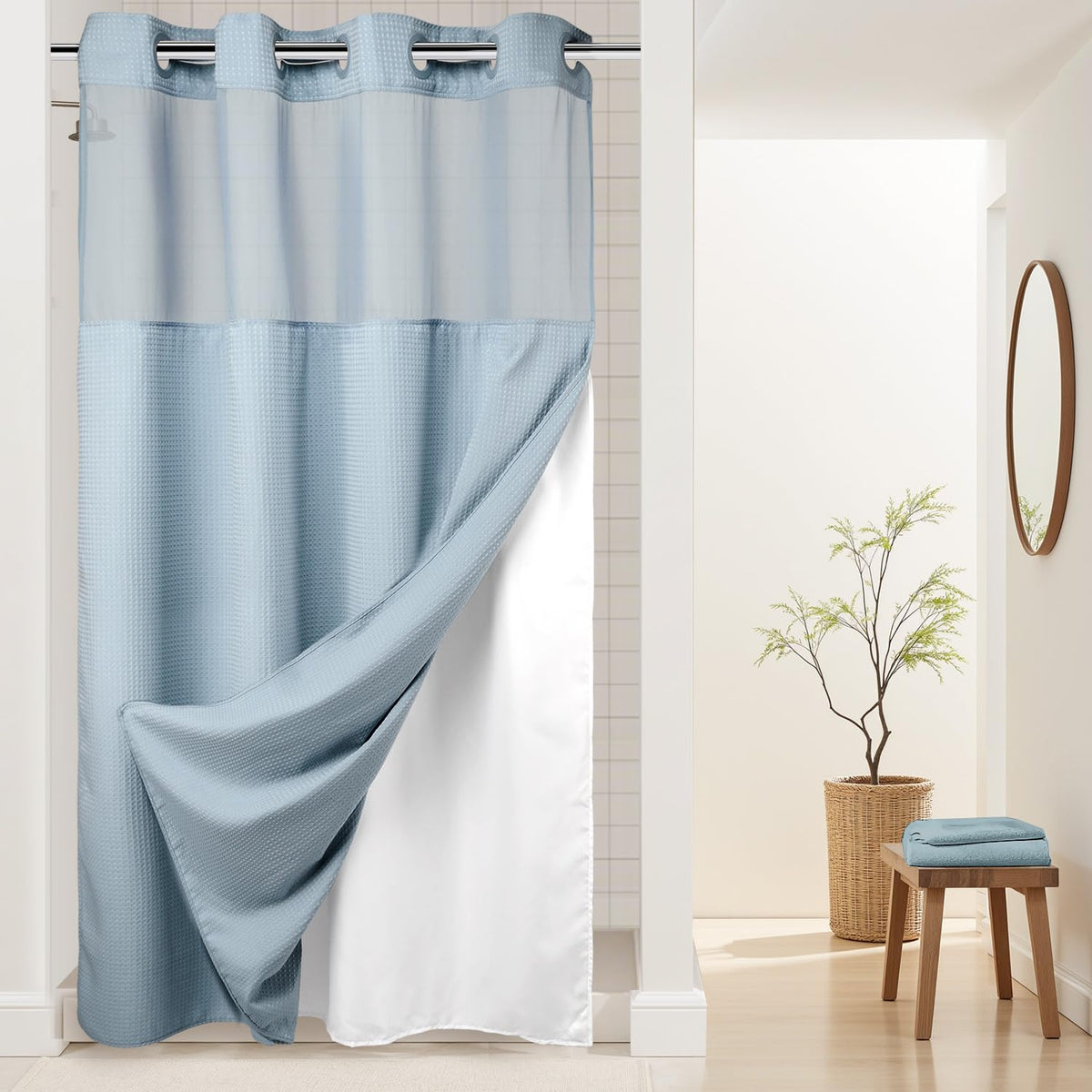 River Dream Heavyweight Waffle No Hook Shower Curtain with Liner,Gray,71x74