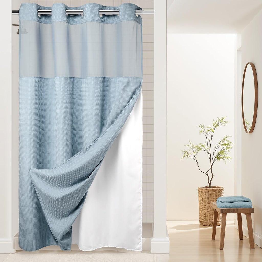 RiverDream Heavyweight Waffle No Hook Shower Curtain with Liner,White,71x74