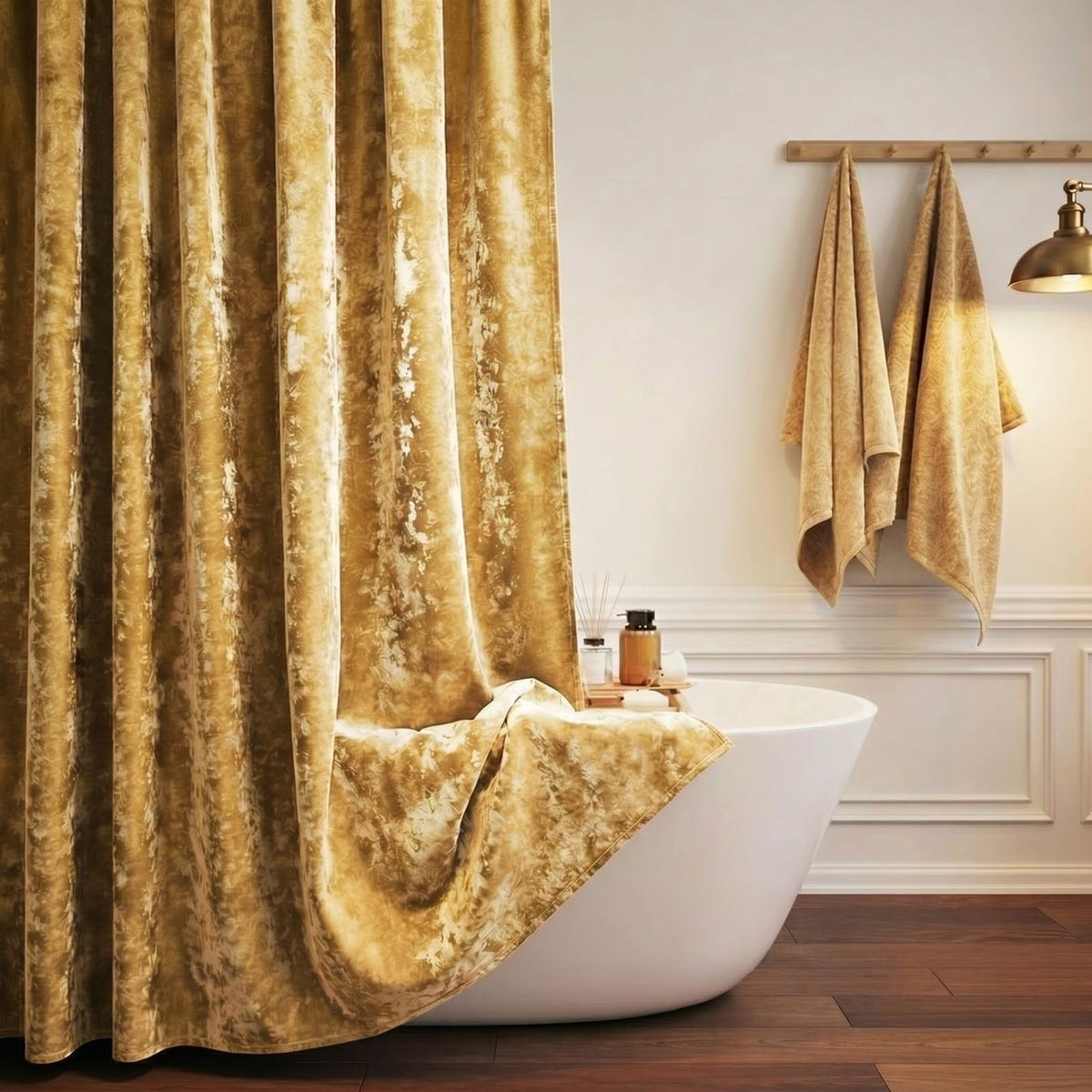 TAMGHO Crushed Velvet Shower Curtain, Dark Green Luxury Shower Curtain with Gold Decro Metal Hooks, Machine Washable Thick Fabric Bathroom Curtain, 72x72