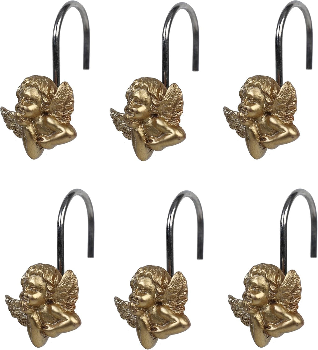 Twofish Home Golden Angel Shower Curtain Hooks Anti Rust Shower Curtain Hooks Decorative Resin Golden Angel Shower Curtain Rings Set of 12