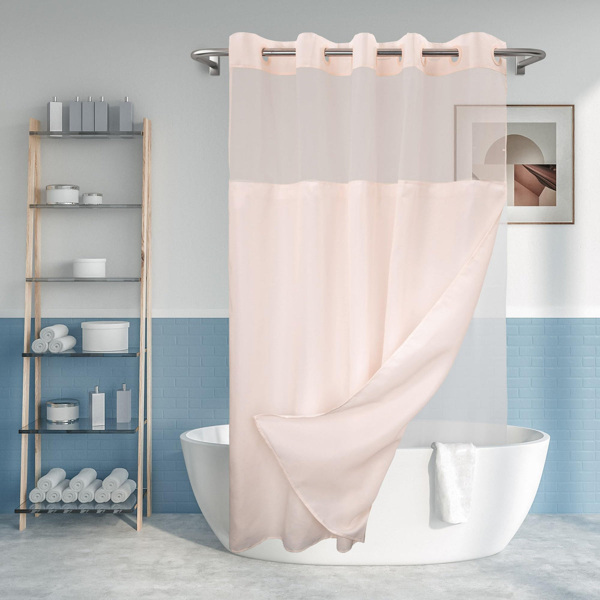 River Dream No Hook Shower Curtain with Snap-in Liner Set, Dark Gray, 71x74