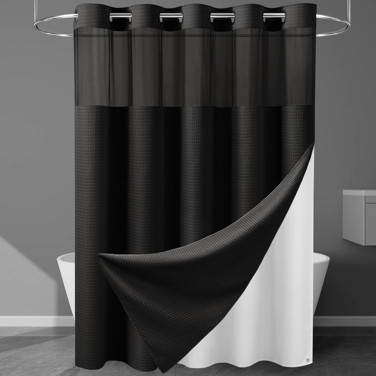 256GSM Heavyweight Ringless Waffle Shower Curtain with Liner, 71x74, White