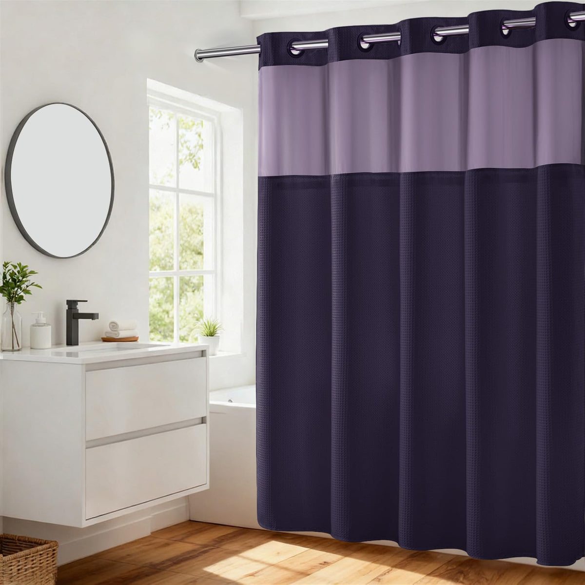 River Dream Heavyweight Waffle No Hook Shower Curtain with Liner,Gray,71x74