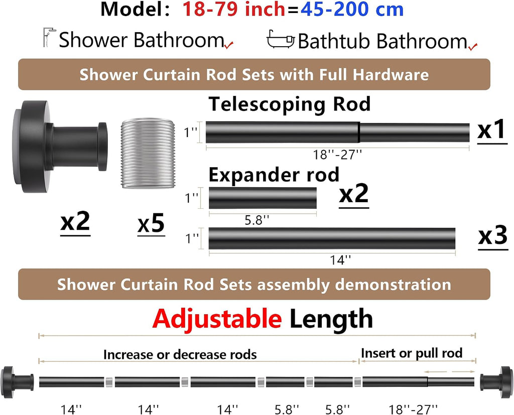 Black Tension Shower Curtain Rod – Adjustable 18-79 Inches, Fits 20-78 Inch Spaces (Ideal for 72" Wide Bathrooms), No Drill Rust Resistant Spring Rod for Bathroom