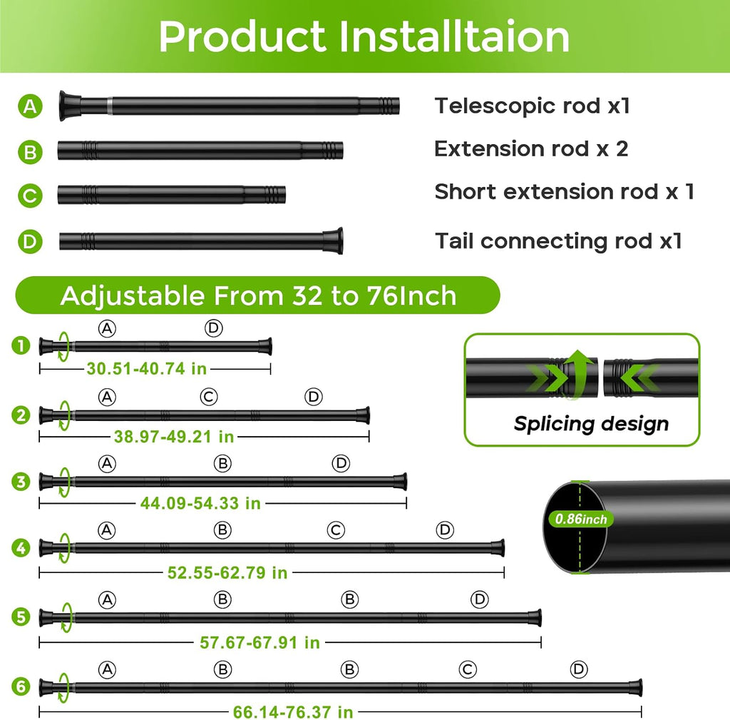 Shower Curtain Rod 32-76 Inch Tension Rods No Drilling, Black