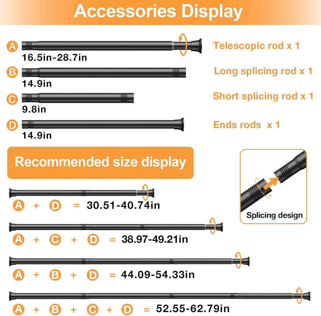 2Pack Tension Curtain Rod 30 to 62Inch, Black Spring Tension Rod Adjustable Shower Curtain Rods No Drilling Expandable Spring Curtain Rods for Windows,Doorway,Bathroom,Closet,7/8" Diameter