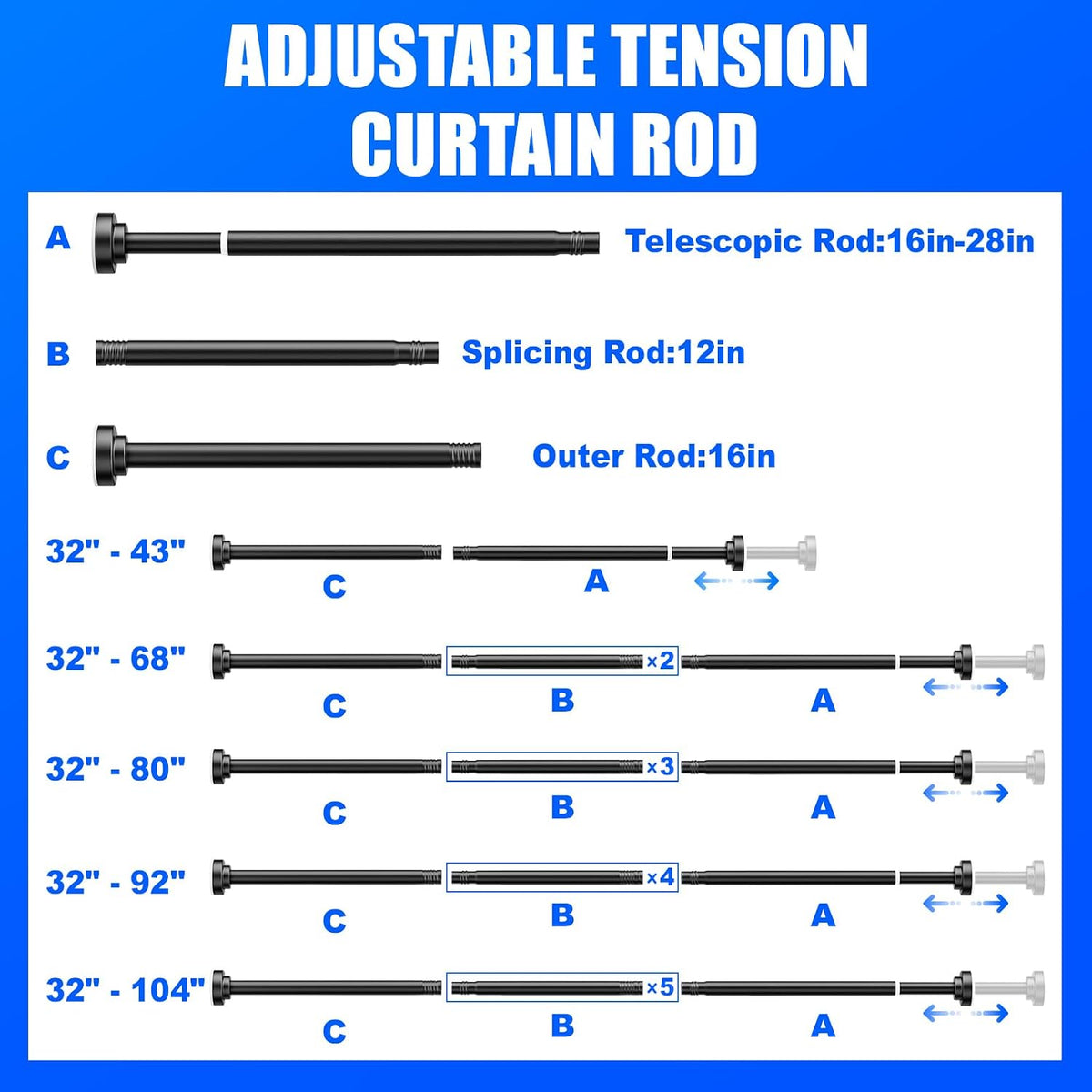 Ausemku Shower Curtain Rod Tension - 32-80 Inch Never Rust Non-Slip Spring Tension Curtain Rod No Drilling Stainless Steel Curtain Rod Use Bathroom Kitchen（Black）