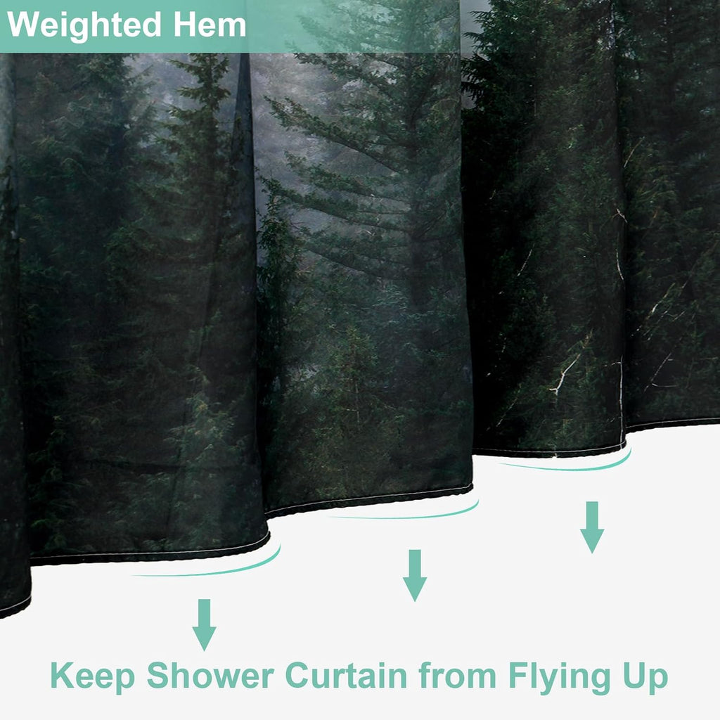 ORTIGIA Dark Green Misty Forest Shower Curtain for Bathroom, Nature Woodland Shower Curtain Set with Hooks, Decorative Pine Tree Fog Magic Bath Curtain for Home, Waterproof Fabric, Weighted, 72x72