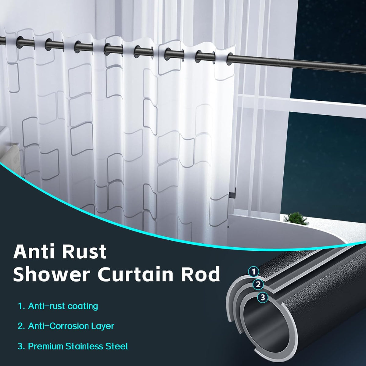 Shower Curtain Rods, 29-64inch Adjustable Shower Pole - Heavy Duty Shower Rods for Bathroom Matte Black (1 Pack)
