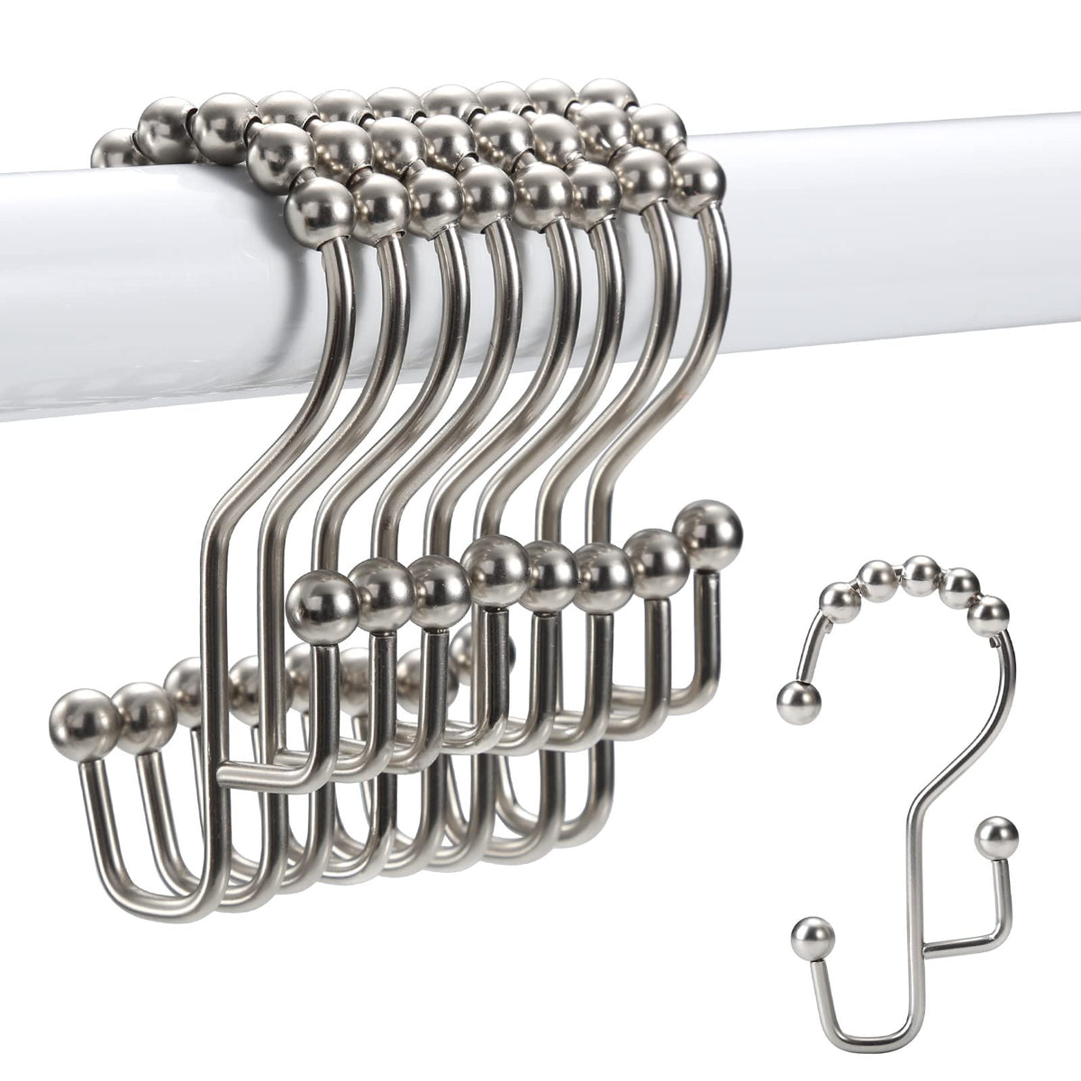 Shower Curtain Rings, SUTINE Double Shower Curtain Hooks, Rust-Resistant Stainless Steel Shower Curtain Rings, Easy Sliding Metal Shower Hooks for Shower Curtains & Liners, 12pcs-Matte Nickel
