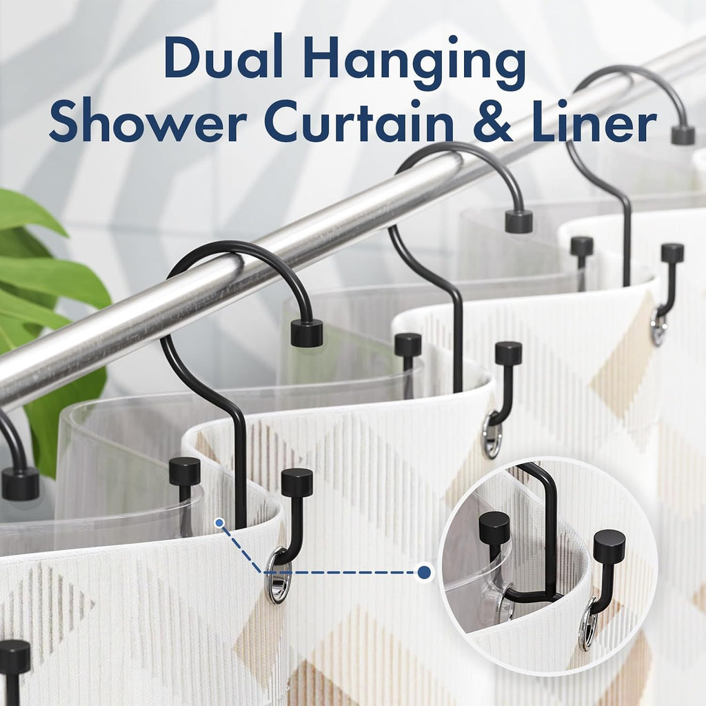 Bathway Shower Curtain Hooks Matte Black Shower Curtain Rings, 12 Pcs Double Hook Shower Curtain Hooks Rings Shower Curtain Hangers Rust Proof, Metal Shower Hooks for Bathroom Shower Curtain Rod