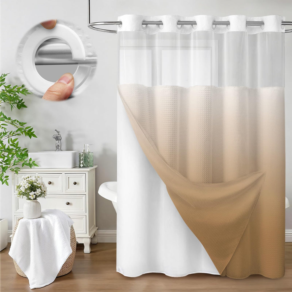 No Hook Shower Curtain with Liner Set Hotel Waffle Curtain White 72W X 75L