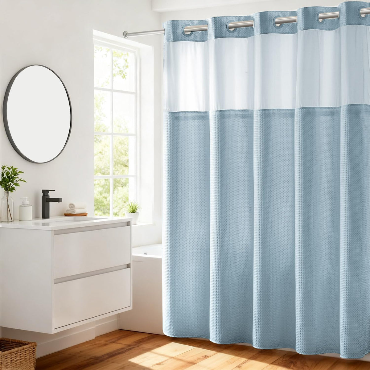 River Dream Waffle No Hook Shower Curtain with Liner,Navy Blue,71x74