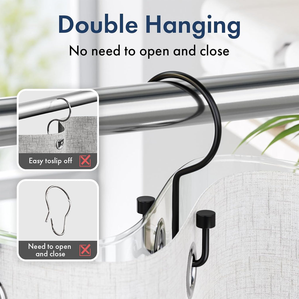 Bathway Shower Curtain Hooks Matte Black Shower Curtain Rings, 12 Pcs Double Hook Shower Curtain Hooks Rings Shower Curtain Hangers Rust Proof, Metal Shower Hooks for Bathroom Shower Curtain Rod