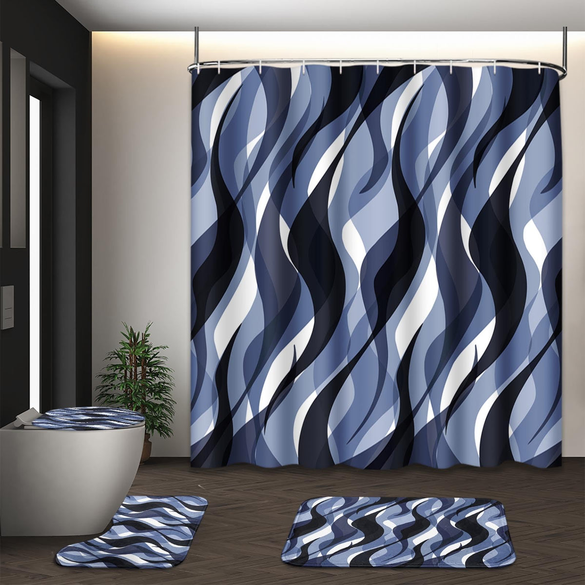 Bathroom Sets with Shower Curtain and Rugs, Set of 4, Checkered