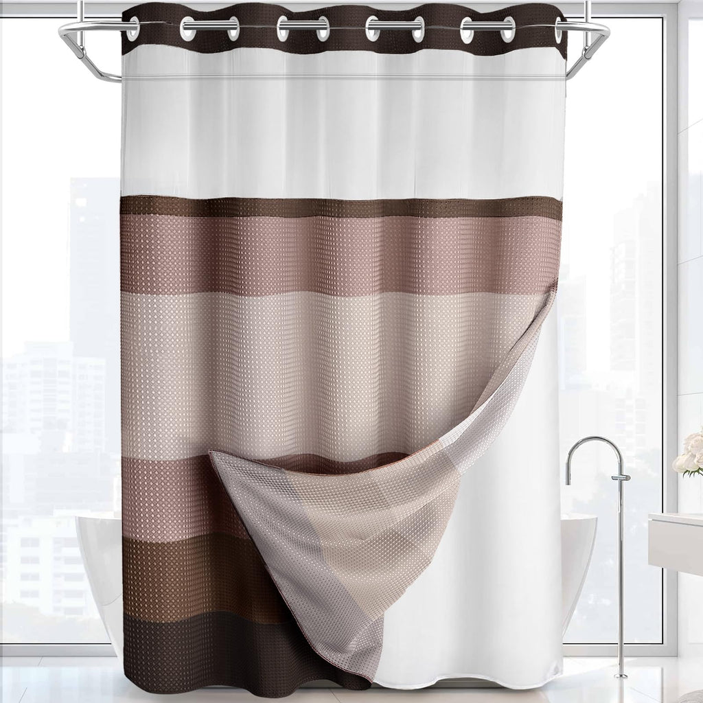 No Hook Shower Curtain with Liner Set Hotel Waffle Curtain White 72W X 75L