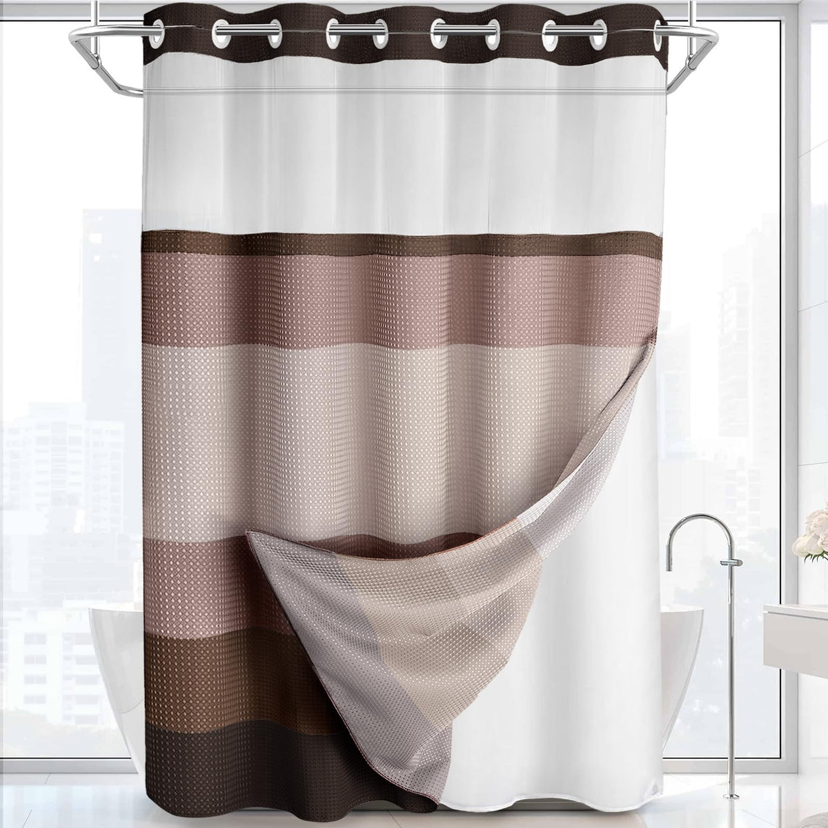 No Hook Shower Curtain with Liner Set Hotel Waffle Curtain White 72W X 75L