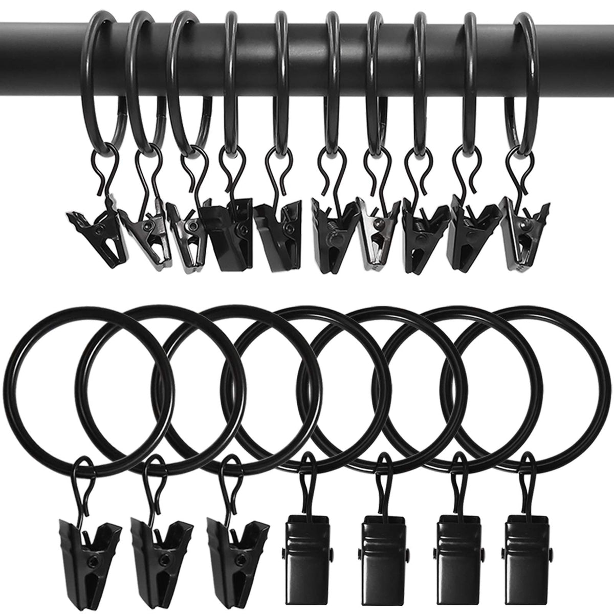 40 Pack Curtain Rings with Clips, Drapery Clips with Rings, Drapes Rings 1.26 in Interior Diameter, Fits up to 1 in Curtain Rod, Black