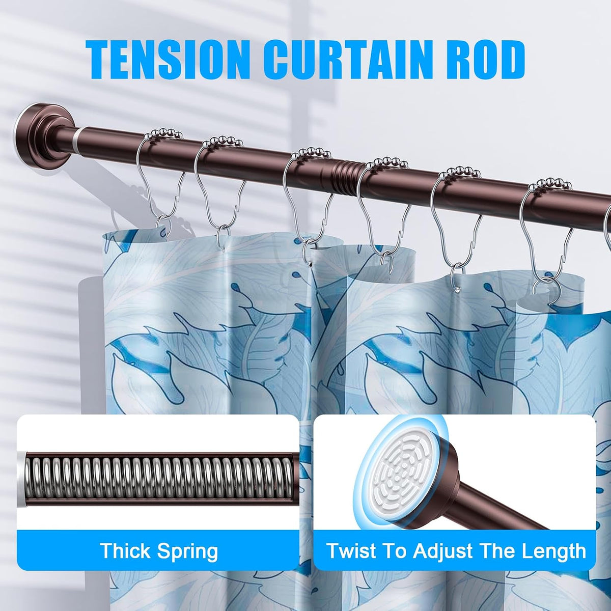 TEECK Shower Curtain Rod, 32-80 inch Adjustable Spring Tension Curtain Rod, Never Rust Anti-Slip Shower Curtain Rod for Bathroom, No Drilling, Never Collapse, Easy to Use, Brown