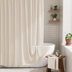 AmazerBath Boho Shower Curtain, Modern Farmhouse Shower Curtain Set with Tassels, Rustic Faux Linen Green Striped Shower Curtain with Hooks, Light Tan Toned, 72x72 Inches