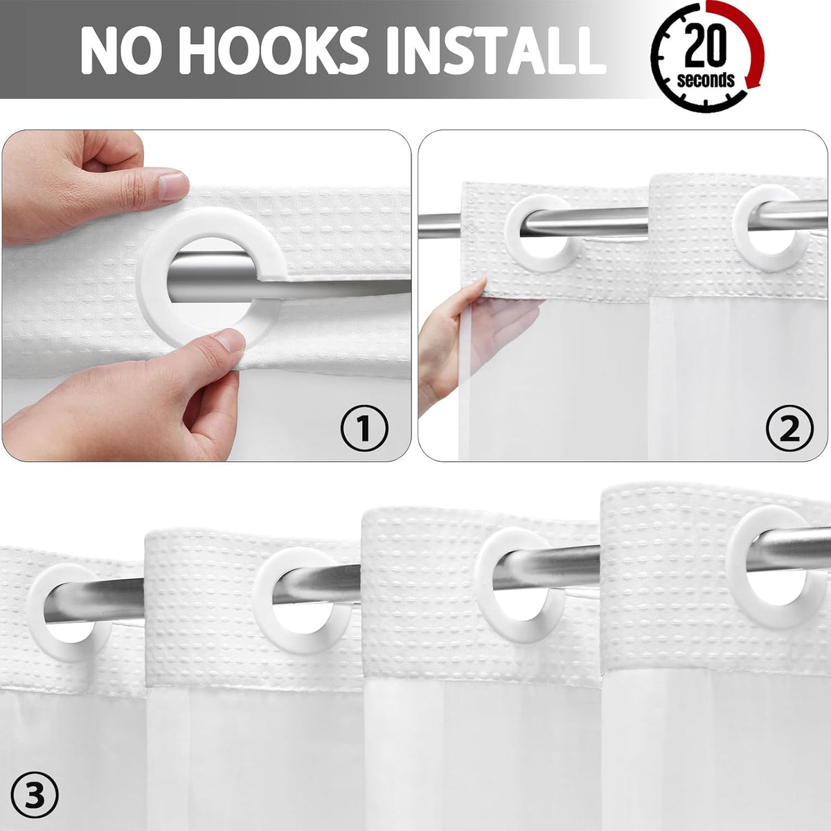 No Hook Shower Curtain with Liner Set Hotel Waffle Curtain White 72W X 75L