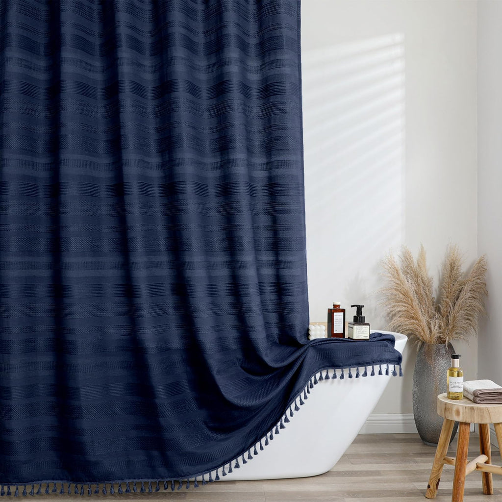 OVZME Natural Linen Shower Curtain for Bathroom, Boho Farmhouse Rustic Striped Shower Curtain with Tassel, Textured Heavy Duty Vintage Country Bathroom Curtain, 72Wx72L Inches