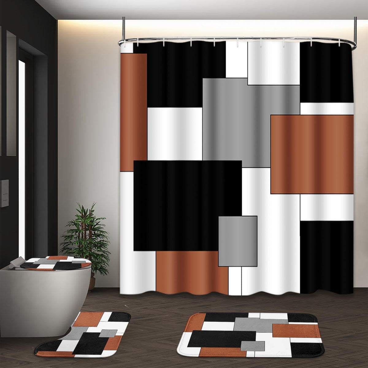Bathroom Sets with Shower Curtain and Rugs, Set of 4, Checkered