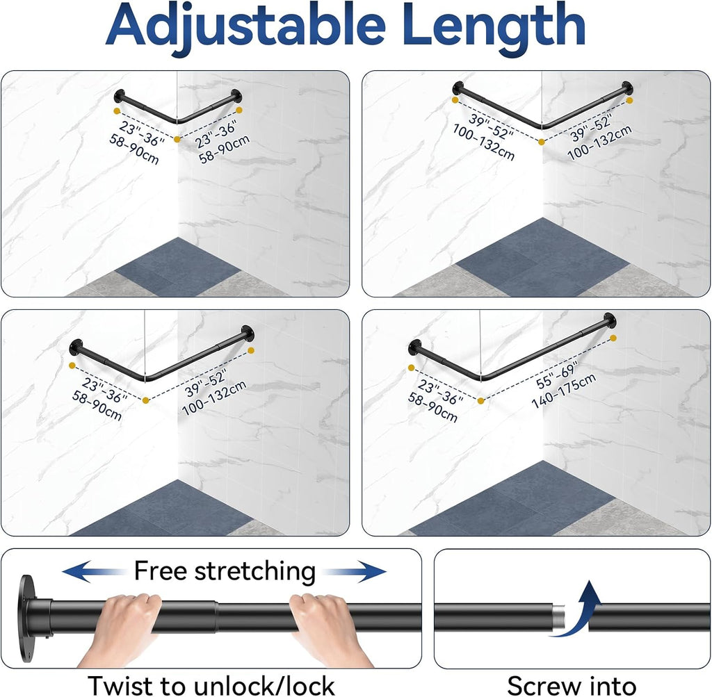 L Shaped Shower Curtain Rods, Adjustable (23''-69'' X 23''-69'') Corner Shower Rod with 12 Shower Curtain Rings for Bathroom, Bathtub, Clothing Store, Need to Drill, Black