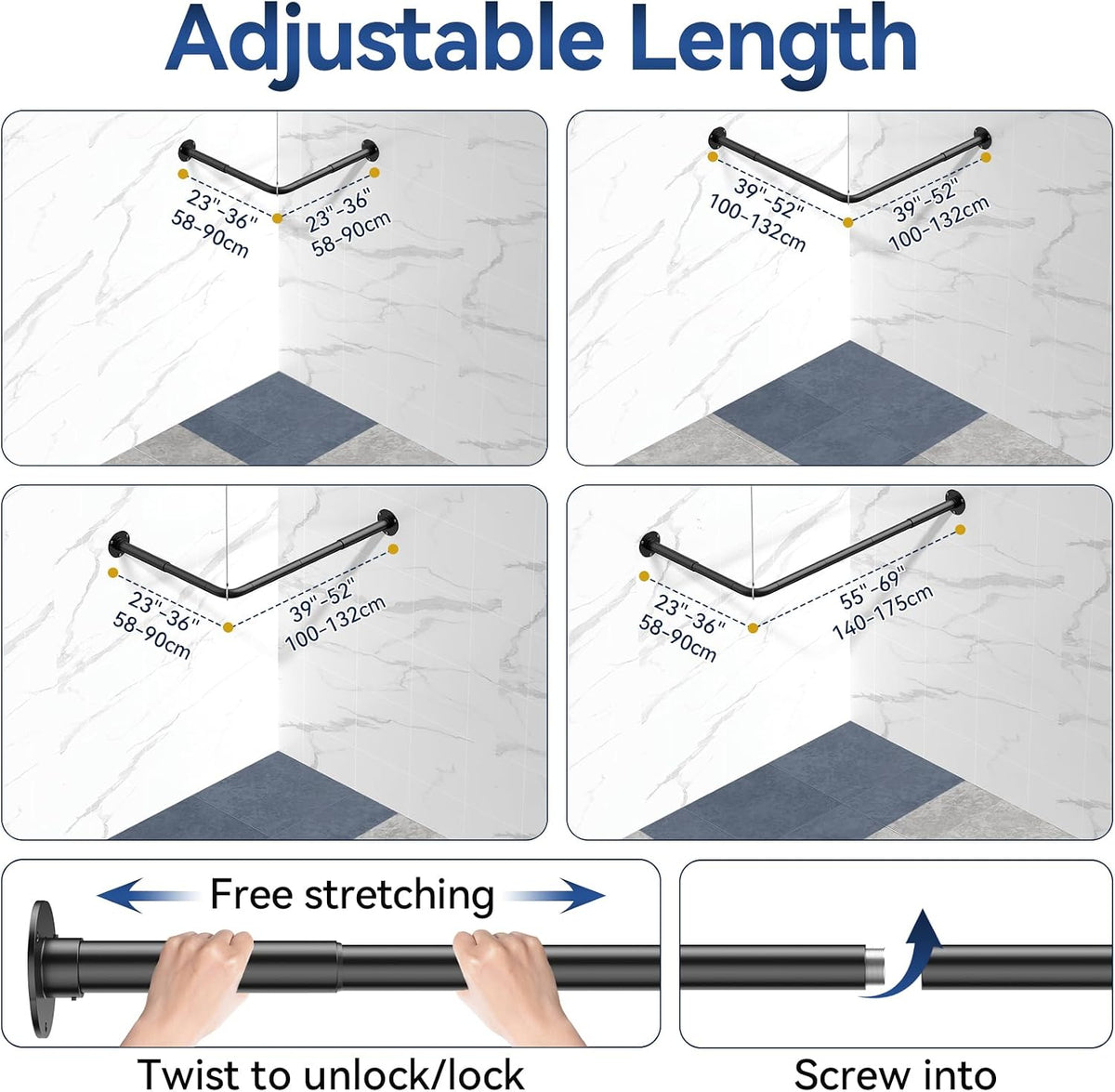 L Shaped Shower Curtain Rods, Adjustable (23''-69'' X 23''-69'') Corner Shower Rod with 12 Shower Curtain Rings for Bathroom, Bathtub, Clothing Store, Need to Drill, Black