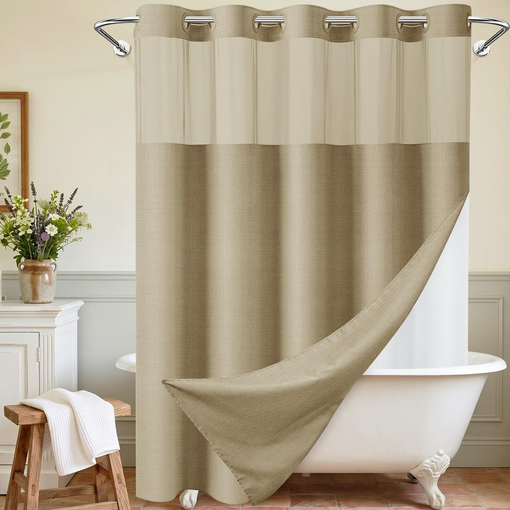 WONICY Hook-Free Shower Curtain with Snap-in Liner, Cream, 71 x 74