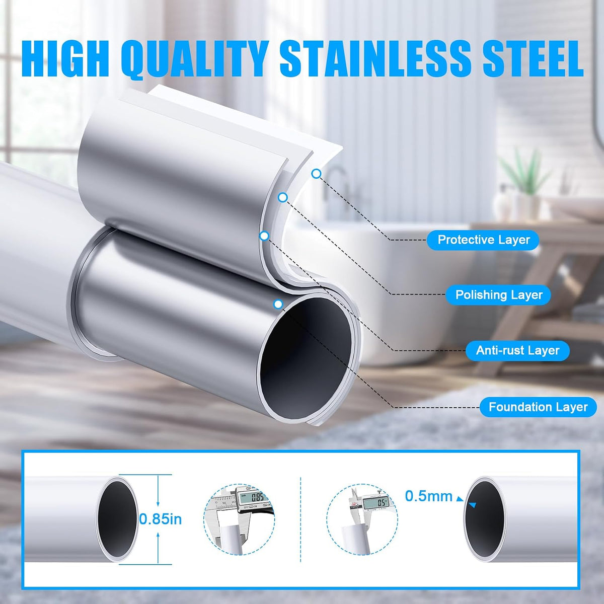 TEECK Shower Curtain Rod, 32-68 inch Adjustable Spring Tension Curtain Rod, Never Rust Anti-Slip Shower Curtain Rod for Bathroom, No Drilling, Never Collapse, Easy to Use, White
